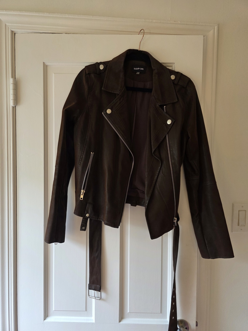 Sugarlips Dark Brown Leather Moto Jacket with Belt